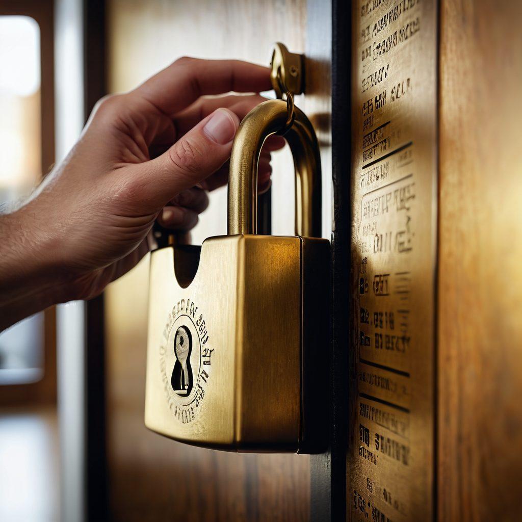 A close-up of a professional hand unlocking a large, vintage brass padlock symbolizing trust, surrounded by floating icons representing job history, resumes, and background checks. In the background, a blurred image of diverse professionals in a modern office environment, conveying security and reliability. Soft, warm lighting to create a positive atmosphere. super-realistic. vibrant colors.