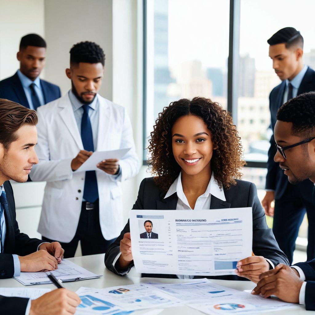 A confident hiring manager reviewing employee verification documents with a magnifying glass, surrounded by symbols of trust like a shield and a checkmark. In the background, silhouettes of diverse professionals represent inclusivity and opportunity. Soft light emphasizes the importance of diligence and accuracy in hiring. clean lines and a professional aesthetic. super-realistic. vibrant colors.